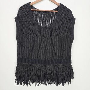 Womens Crochet Top 1X Black Open Knit Fringe Sleeveless Layering Boho Festival